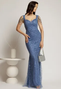 Rochie bleu de seara croi sirena cu aplicatii de paiete si margele imagine