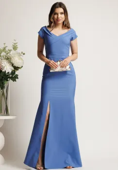 Rochie bleu lunga din stofa cu decolteu barcuta si crapatura pe picior- LaDonna imagine