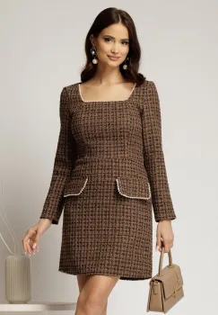Rochie Bonnie bej din tweed cu lurex si perle imagine