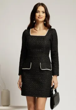 Rochie Bonnie neagra din tweed cu lurex si perle imagine