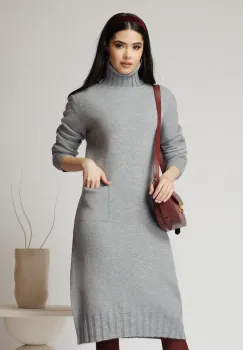 Rochie casual din tricot gri cu buzunare imagine