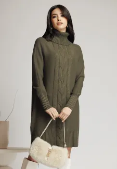 Rochie casual din tricot kaki cu guler inalt si model impletit imagine