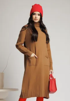 Rochie casual din tricot maro camel cu buzunare imagine