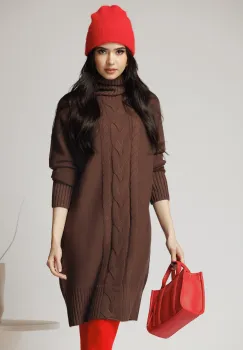 Rochie casual din tricot maro cu guler inalt si model impletit imagine