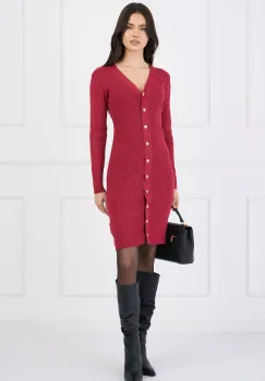 Rochie casual din tricot reiat fucsia cu insertii din fir lurex si nasturi imagine