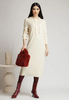 Rochie casual din tricot reiat ivory cu gluga imagine