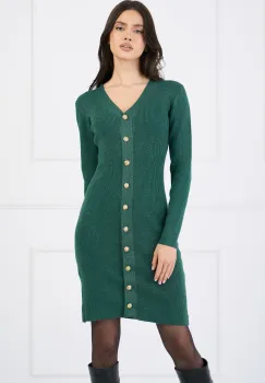 Rochie casual din tricot reiat verde cu insertii din fir lurex si nasturi imagine