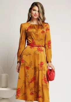 Rochie clos midi galben mustar cu imprimeu si curea in talie imagine