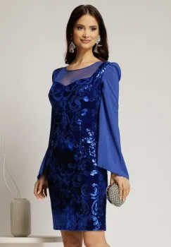 Rochie Daimond eleganta din catifea albastra cu paiete si maneci din voal imagine