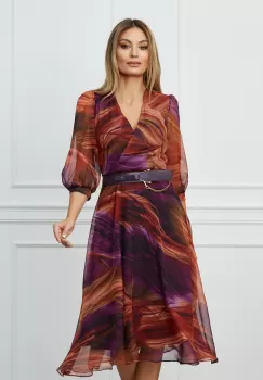 Rochie Daniela orange cu imprimeuri mov si curea in talie imagine