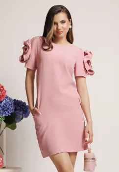 Rochie de ocazie roz fistic cu flori maxi pe maneci imagine