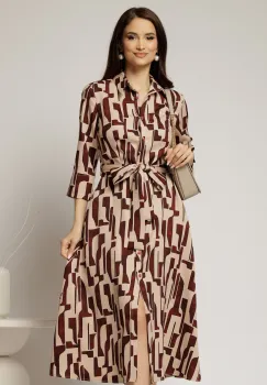 Rochie de zi midi bej cu imprimeuri bordo tip camasa cu cordon in talie imagine