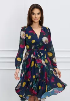 Rochie Denisa bleumarin cu flori galbene si cordon in talie imagine
