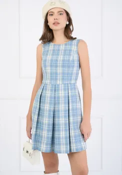 Rochie din lana bleu cu carouri tip sarafan imagine