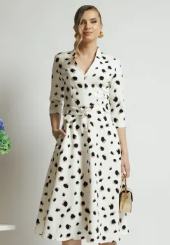 Rochie din stofa alba midi de zi cu imprimeuri bej si decolteu imagine