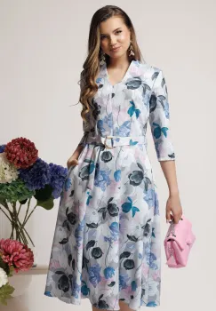 Rochie din stofa gri midi de zi cu imprimeuri florale albastre si decolteu imagine
