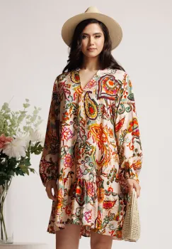 Rochie din viscoza lejera bej cu imprimeuri portocalii imagine