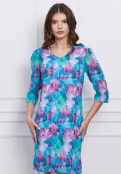 Rochie Dina turcoaz cu imprimeuri lila imagine
