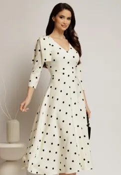 Rochie DY Fashion alba cu buline cu funda pe umar imagine