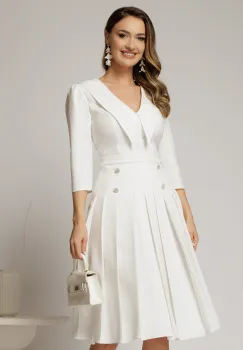 Rochie DY Fashion alba cu decolteu cu guler ascutit si fusta plisata imagine