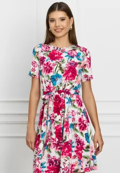 Rochie Dy Fashion alba cu imprimeu floral fucsia si cordon in talie imagine