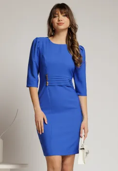 Rochie DY Fashion albastra conica cu nasturi aurii pe talie imagine