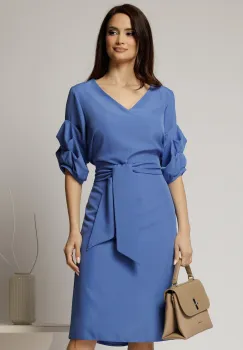 Rochie DY Fashion albastra cu adaos de viscoza cu croi drept si maneci bufante imagine