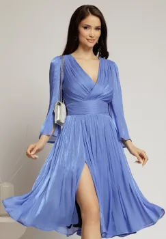 Rochie DY Fashion albastra de ocazie din voal peliculizat cu maneci crapate imagine