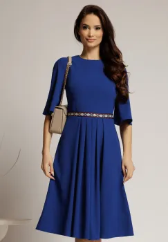 Rochie DY Fashion albastra din crep cu pliuri pe fusta si banda in talie imagine