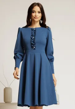 Rochie DY Fashion albastra eleganta cu volan incretit pe bust si nasturi bijuterie imagine