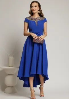 Rochie DY Fashion asimetrica albastra cu funda in talie si aplicatii la decolteu imagine