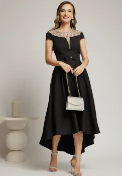 Rochie DY Fashion asimetrica neagra cu funda in talie si aplicatii la decolteu imagine