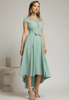 Rochie DY Fashion asimetrica verde menta cu funda in talie si aplicatii la decolteu imagine