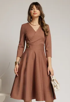 Rochie DY Fashion bej clos in dungi din jerse si detaliu in talie imagine