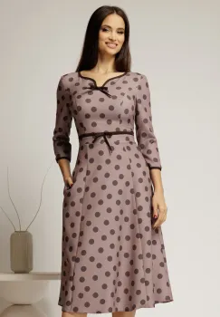 Rochie DY Fashion bej cu buline cu decupaj si funda la decolteu imagine