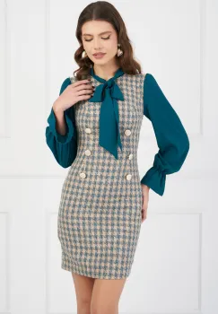 Rochie DY Fashion bej cu imprimeu peptit turcoaz si maneci din voal imagine