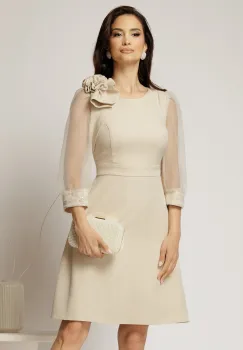 Rochie DY Fashion bej cu maneci din organza si detaliu floral imagine
