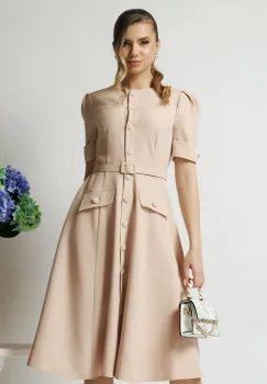 Rochie DY Fashion bej de zi cu nasturi si curea in talie imagine