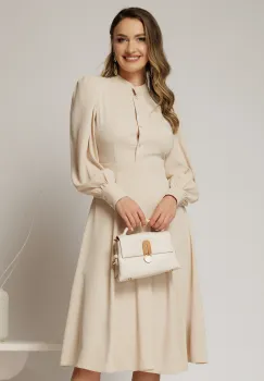 Rochie DY Fashion bej din triplu voal cu guler tunica si nasturi tip floare imagine