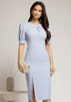 Rochie DY Fashion bleu conica cu maneci bufante scurte si detaliu la decolteu imagine