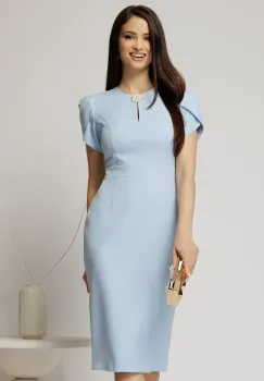 Rochie DY Fashion bleu conica cu maneci scurte lalea si accesoriu la decolteu imagine