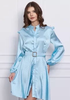 Rochie Dy Fashion bleu cu buline si curea in talie imagine