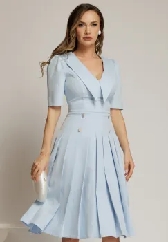 Rochie DY Fashion bleu cu decolteu cu guler ascutit si fusta plisata imagine