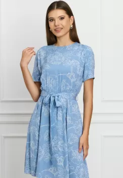 Rochie Dy Fashion bleu cu imprimeu floral alb si cordon in talie imagine