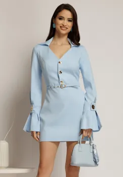 Rochie DY Fashion bleu cu maneci evazate si decolteu cu guler imagine