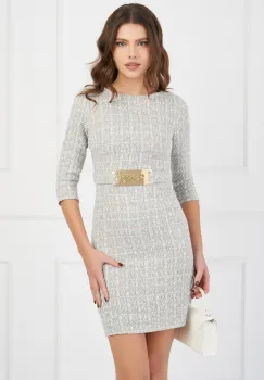 Rochie DY Fashion bleu din tweed cu catarama si strasuri in talie imagine