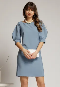 Rochie DY Fashion bleu scurta croi cambrat cu maneci cu design atipic imagine