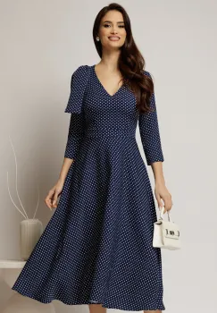 Rochie DY Fashion bleumarin cu buline albe si funda pe umar imagine