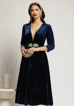 Rochie DY Fashion bleumarin din catifea cu decolteu adanc si cordon cu aplicatii imagine