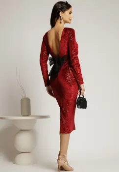 Rochie DY Fashion bordo din catifea cu paiete si funda maxi la spate imagine